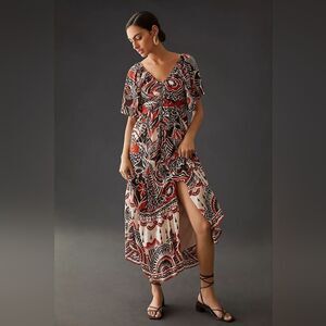 Anthropologie Tiered Maxi Dress In Red Motif Size Extra Small NWT